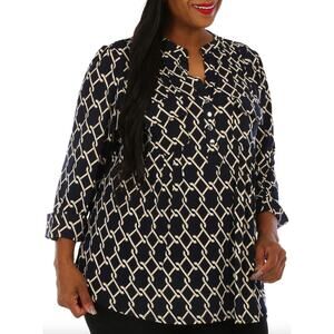 Cocomo Split Neck Chain Link Print Popover Blouse Size 2X 3/4 Roll Tab Sleeve